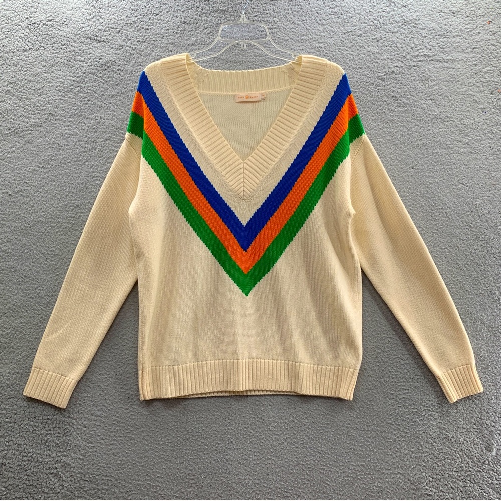 Tory Burch Cream V‑Neck Sweater with Blue, Orange & Green Chevron